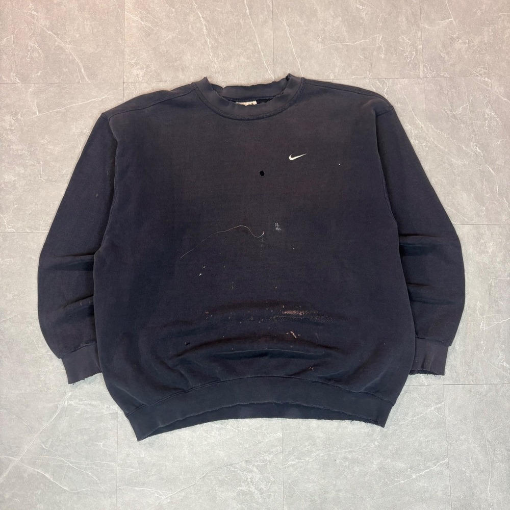 Vintage Nike Sweatshirt Mens Large Navy Blue Embroidered Swoosh Thrashed 90s DIY